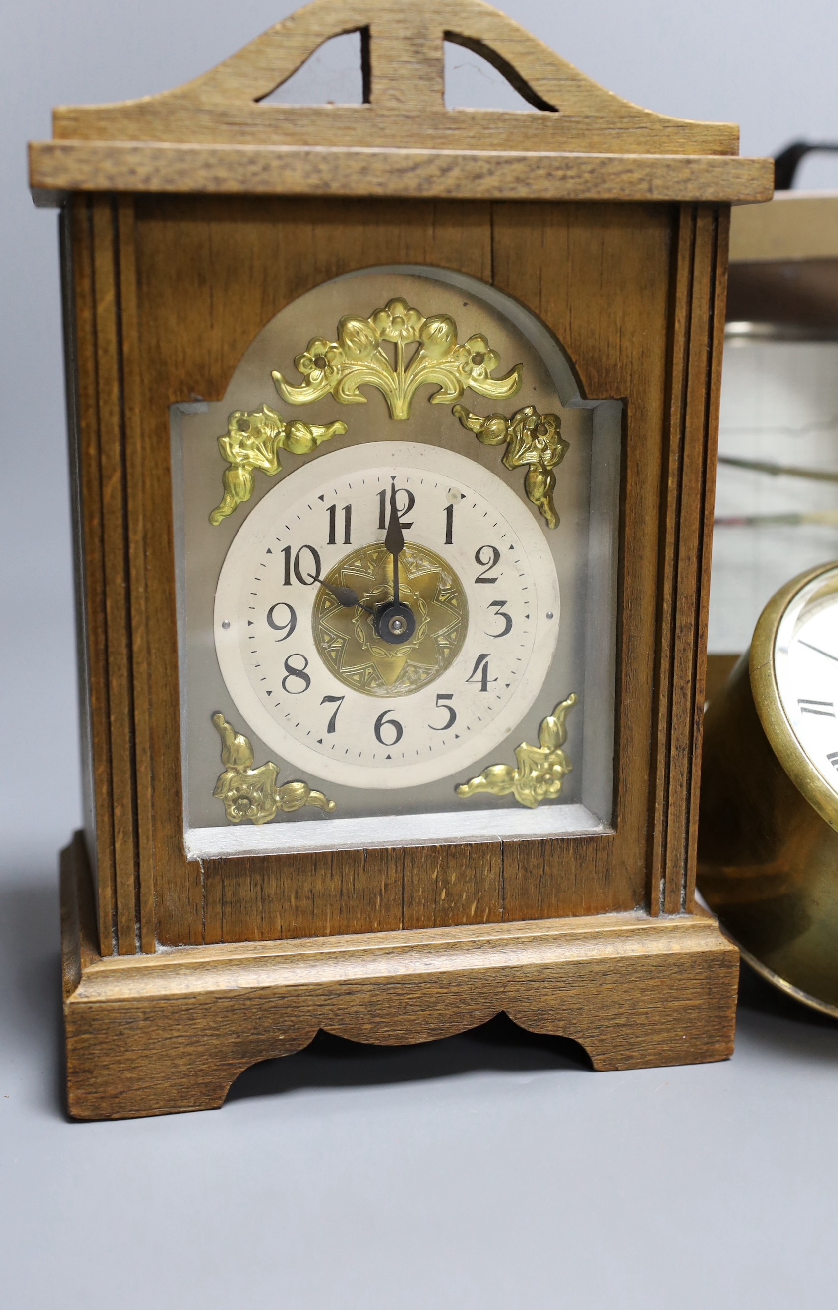 A barograph and three various time pieces including a carriage timepiece, a walnut bracket timepiece - Image 2 of 5