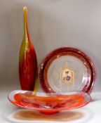 A Kosta Boda glass vase, signed K Engman, a signed art glass dish and a large French glass plate,