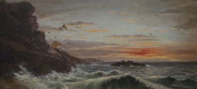 P. Jessop, oil on canvas, Sunset along the coast, indistinctly signed, 19 x 39cm