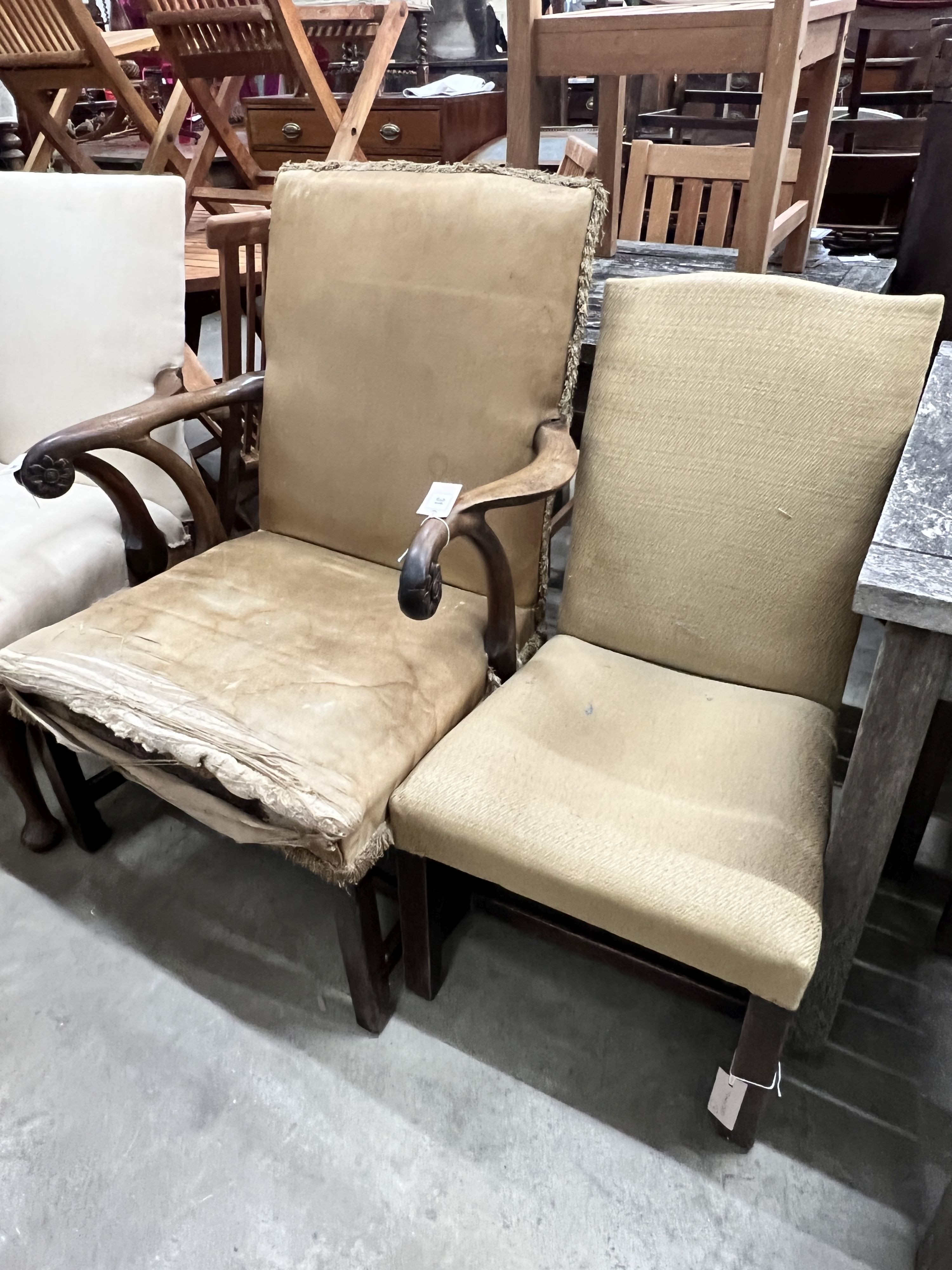 A Georgian mahogany scroll arm elbow chair, on square legs and stretcher rail, width 72cm, depth