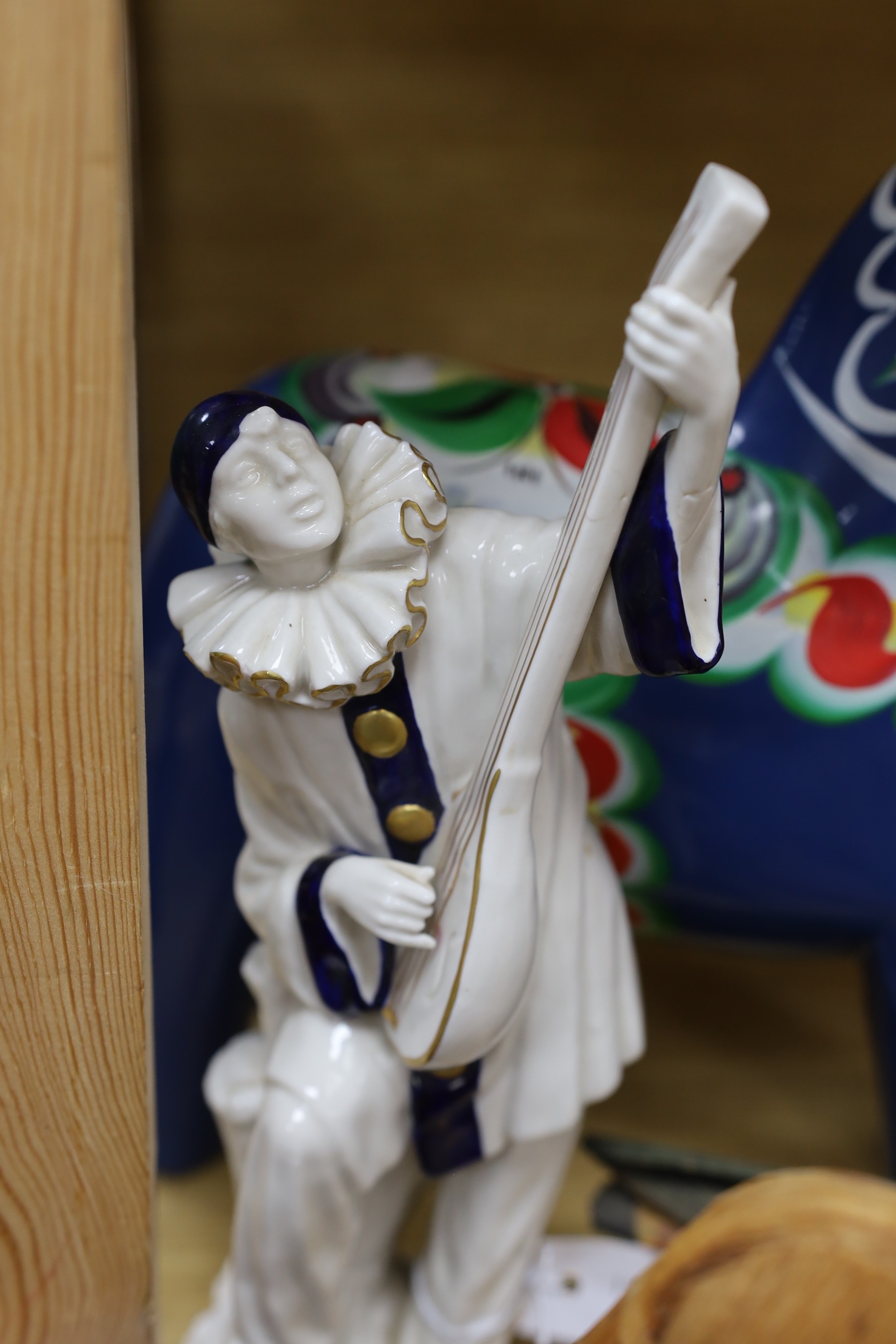 A Spanish porcelain model of Pierrot playing a mandolin, blue and gilt decoration, H29, a Swedish - Image 3 of 6