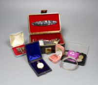 A 9ct gold ruby and diamond three stone ring, size S, a 14K gold fob watch in leather box and sundry