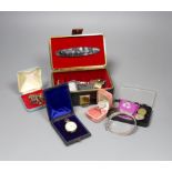 A 9ct gold ruby and diamond three stone ring, size S, a 14K gold fob watch in leather box and sundry