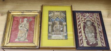 Two 18th century framed silk work religious panels and another later on canvas, largest 39 x 27cm