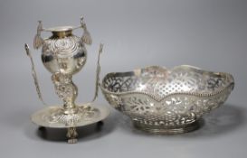 A Chilean .900 silver centrepiece, 18cm., and a pierced white metal basket