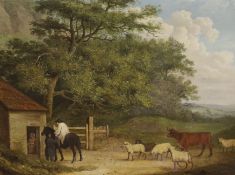 After George Morland, oil on mill board, Cattle drover in a landscape, bears signature, 36 x 47cm