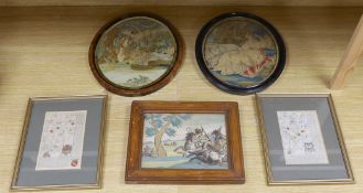 Three late 19th / early 20th century framed tapestries - a mountain scape with farmer and heard, a
