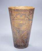 A 19th century carved horn beaker, titled ‘Ship Peru’, dated ‘Feb 12th 1840’, initialled ‘W.M’,