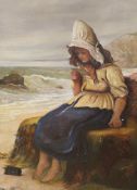 English School c.1900, oil on canvas, Fishergirl reading a letter on the seashore, 39 x 29cm