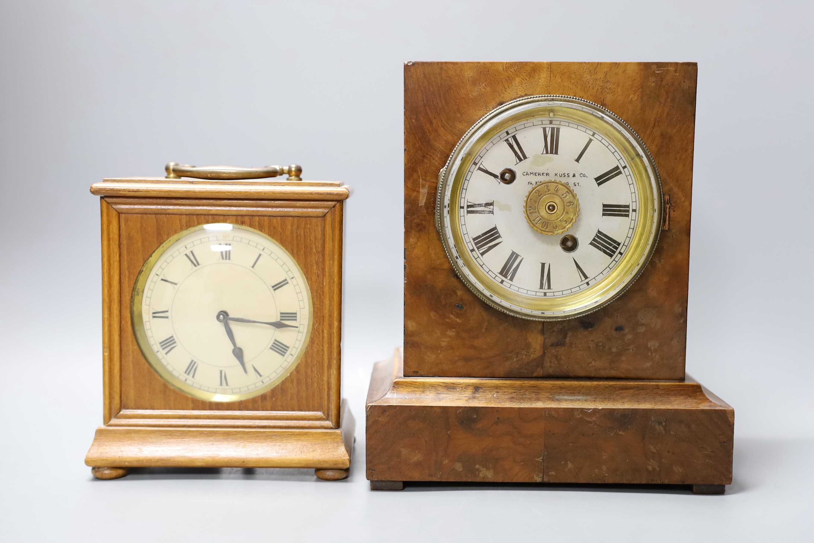 A burr walnut cased eight day mantel clock and an oak cased eight day mantel timepiece (2) tallest