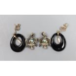 A pair of Austro-Hungarian style enamelled white metal ear-clips, 3.5cm and a pair of 9ct gold