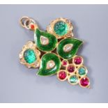 An Indian gold overlay, enamel and rose diamond foliate design pendant, 5cm, gross 15.2 grams