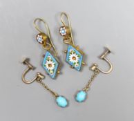 A pair of early 20th century 9ct gold seed pearl and turquoise drop earrings, 2.5cm and a pair of