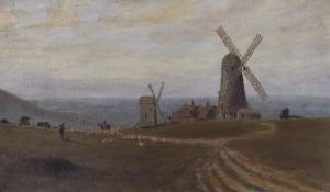 English School c.1900, oil on canvas, 'Downland windmills', 30 x 50cm