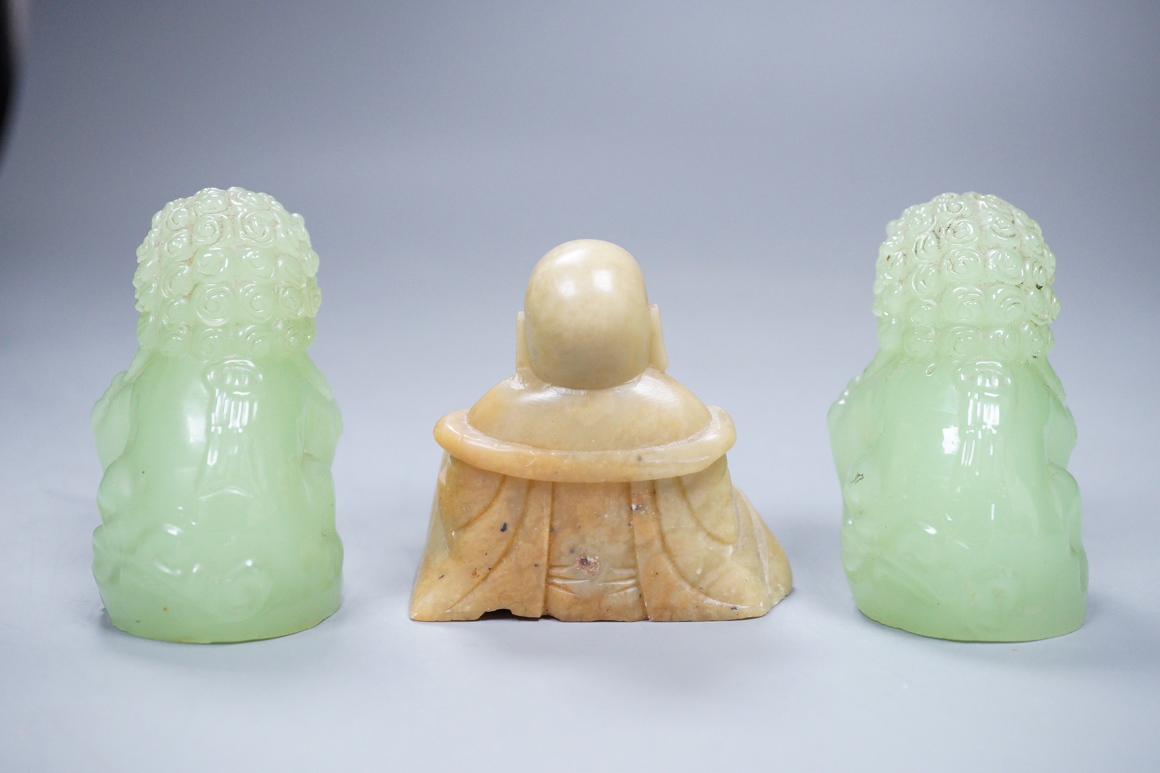 Two bowenite Buddhistic lions and a soapstone Buddha, 7cm - Image 4 of 4