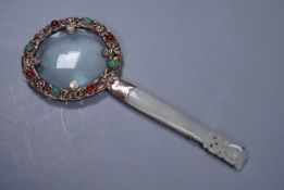A Chinese jade mounted magnifying glass, 16.5cm