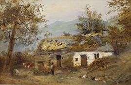 Victorian School, oil on millboard, Crofter's cottage with figure and livestock, signed and dated