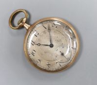 An early 20th century 9K gold keyless pocket watch, with silvered dial and unsigned movement