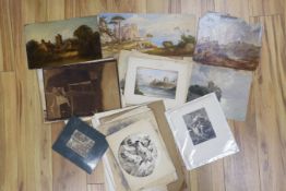 A group of assorted paintings and prints, mostly 19th century, Topographical scenes and figure