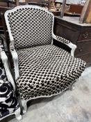 A French painted upholstered armchair, width 70cm, depth 63cm, height 88cm