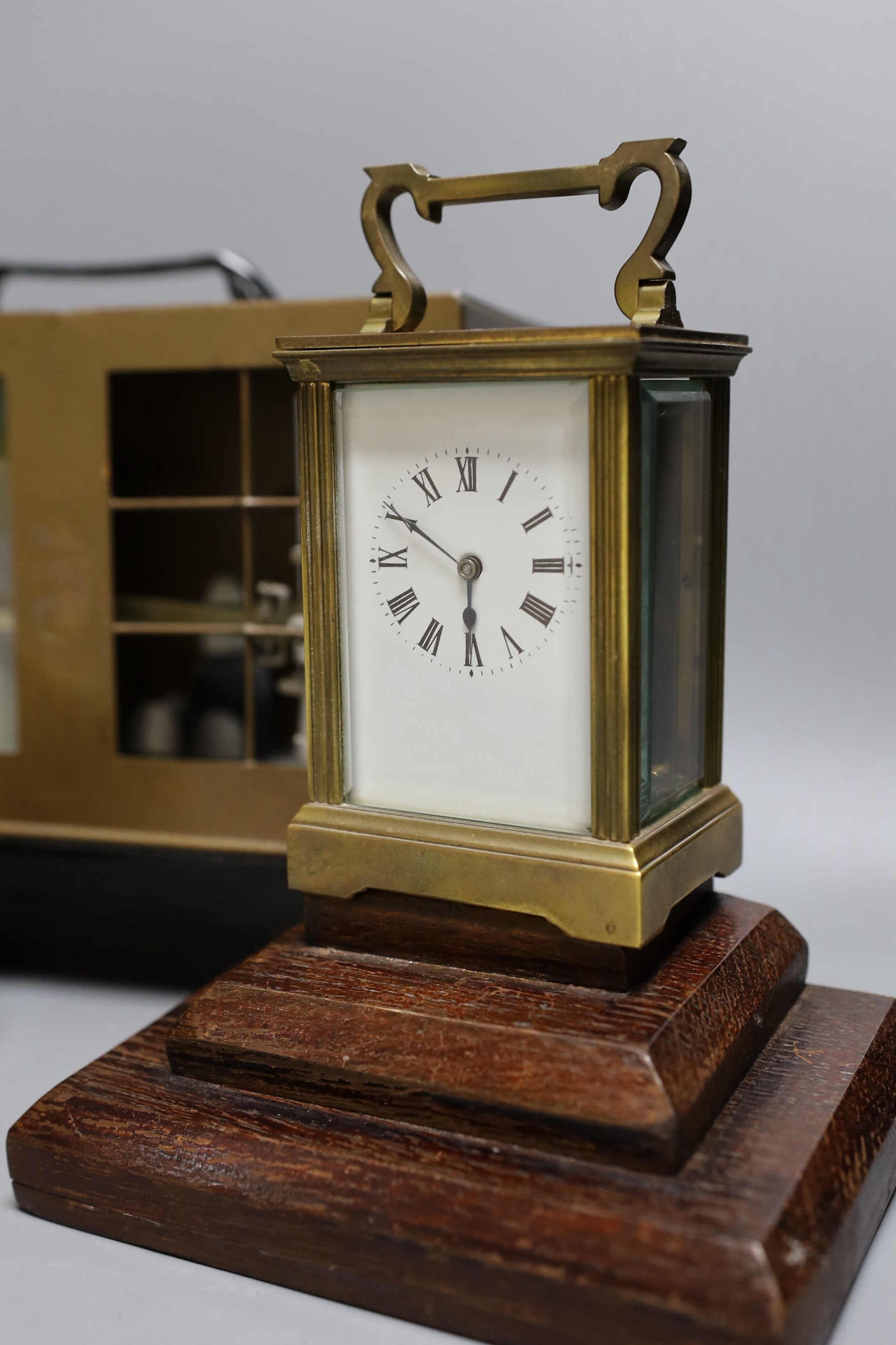 A barograph and three various time pieces including a carriage timepiece, a walnut bracket timepiece - Image 4 of 5