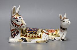 Two Royal Crown Derby paperweights - Donkey and Donkey Foal, both with gold stoppers and boxes, no
