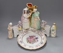 A Staffordshire flatback, Samson floral decorated dish and four other figures