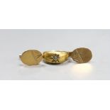 A pair of gold coloured metal cufflinks (tests as 9ct), 3 grams, and a diamond set 18ct gold ring,