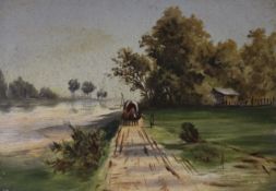 19th century Continental School, oil on card, Cart on a riverside lane, 10 x 15cm