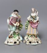 A pair of Derby figures of musicians, he playing the pipe and she playing the triangle, c.1765-70,