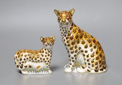 Two Royal Crown Derby paperweights - Leopardess, gold stopper, boxed with certificate and Leopard
