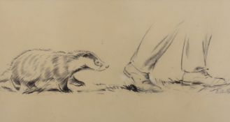 EAS, pencil drawing, Badger following footsteps, initialled, 9 x 16cm