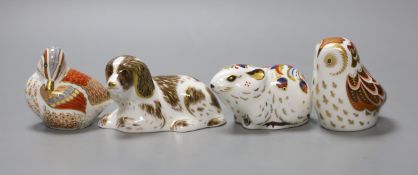 Four Royal Crown Derby Collectors Guild paperweights - Owlet, Bank Vole, Scruff and Teal Duckling,