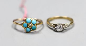 An 18ct gold and platinum solitaire diamond ring, size K, gross 2.1 grams and a turquoise set
