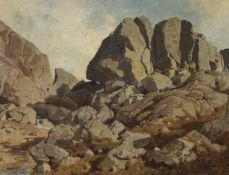 Norwegian School, oil on canvas, Study of a rocky coastline, indistinctly inscribed and dated
