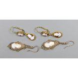 A pair of 18ct gold cameo drop earrings, 3cm and a pair of 9ct gold chain drop cameo earrings, 4.