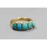 An 18ct gold turquoise set five stone half hoop ring with diamond chip intersections, size R,