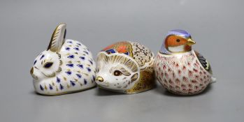 Three Royal Crown Derby paperweights - Limited edition P/W Rabbit, Chaffinch, and Hawthorn, gold