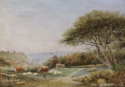 19th century English School, oil on canvas, Cattle drover in a landscape overlooking Dover,