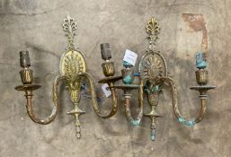 A set of four Sheraton style gilt metal two branch wall lights, height 36cm
