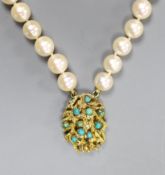 A two strand cultured pearl necklace with 14ct gold and turquoise set clasp, 33cm