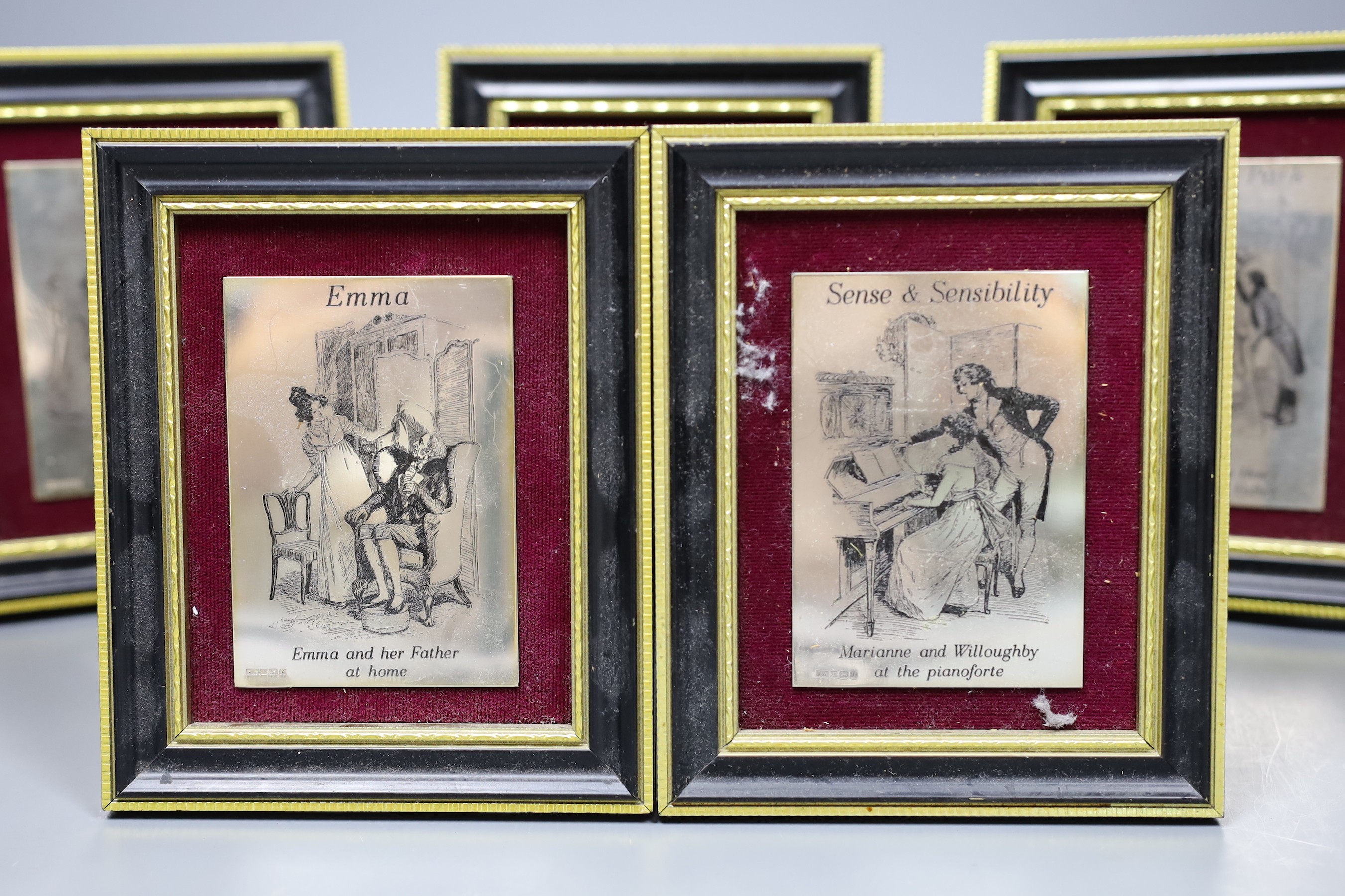 A set of six silver plaques, decorated with scenes from Jane Austen, 9.5 x 6.5cm - Image 3 of 5
