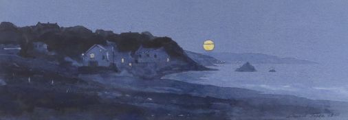 David Trass, watercolour, Fishermen's cottages by moonlight, signed and dated 1980, 15 x 42cm