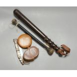 Cosh, WWI cased compass, truncheon and two other items