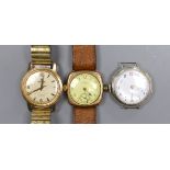 A gentleman's 9ct gold Waltham wristwatch, a Swiss silver wristwatch and a gold plated Roma