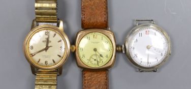 A gentleman's 9ct gold Waltham wristwatch, a Swiss silver wristwatch and a gold plated Roma