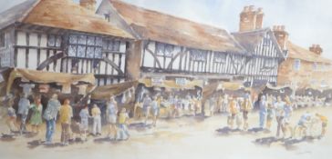 Valerie Long, watercolour, 'Chilham Market, Kent', signed, 30 x 60cm