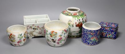 A Chinese famille verte ginger jar, together with three famille rose ceramics, a blue enamel box and