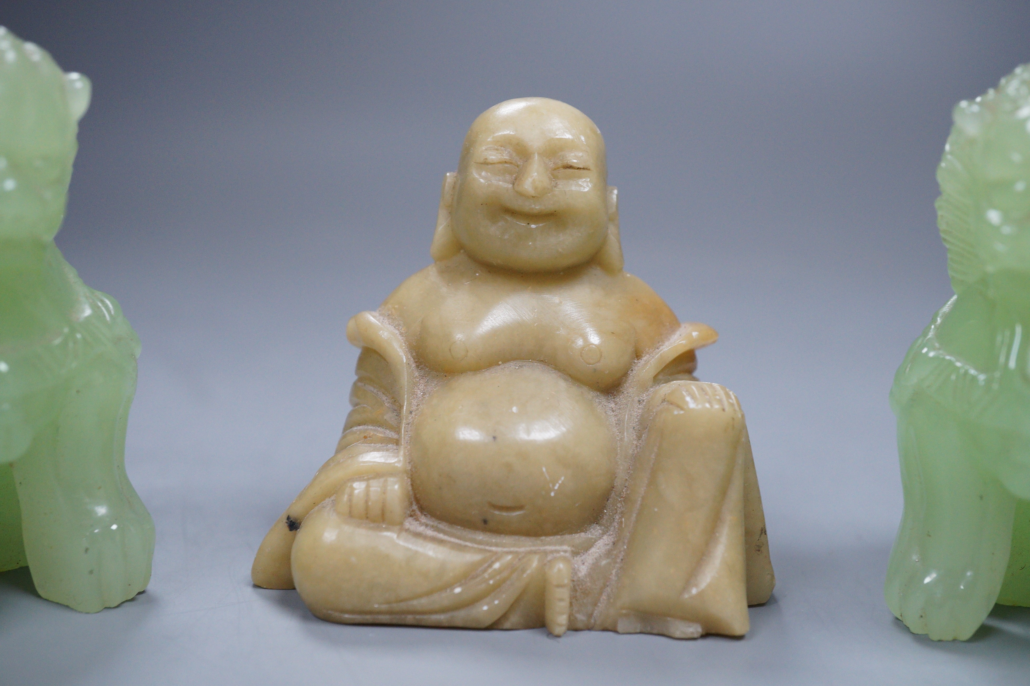 Two bowenite Buddhistic lions and a soapstone Buddha, 7cm - Image 3 of 4