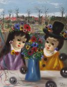 S. Reno, oil on canvas, Children beside a vase of flowers, signed and inscribed Paris, 54 x 45cm